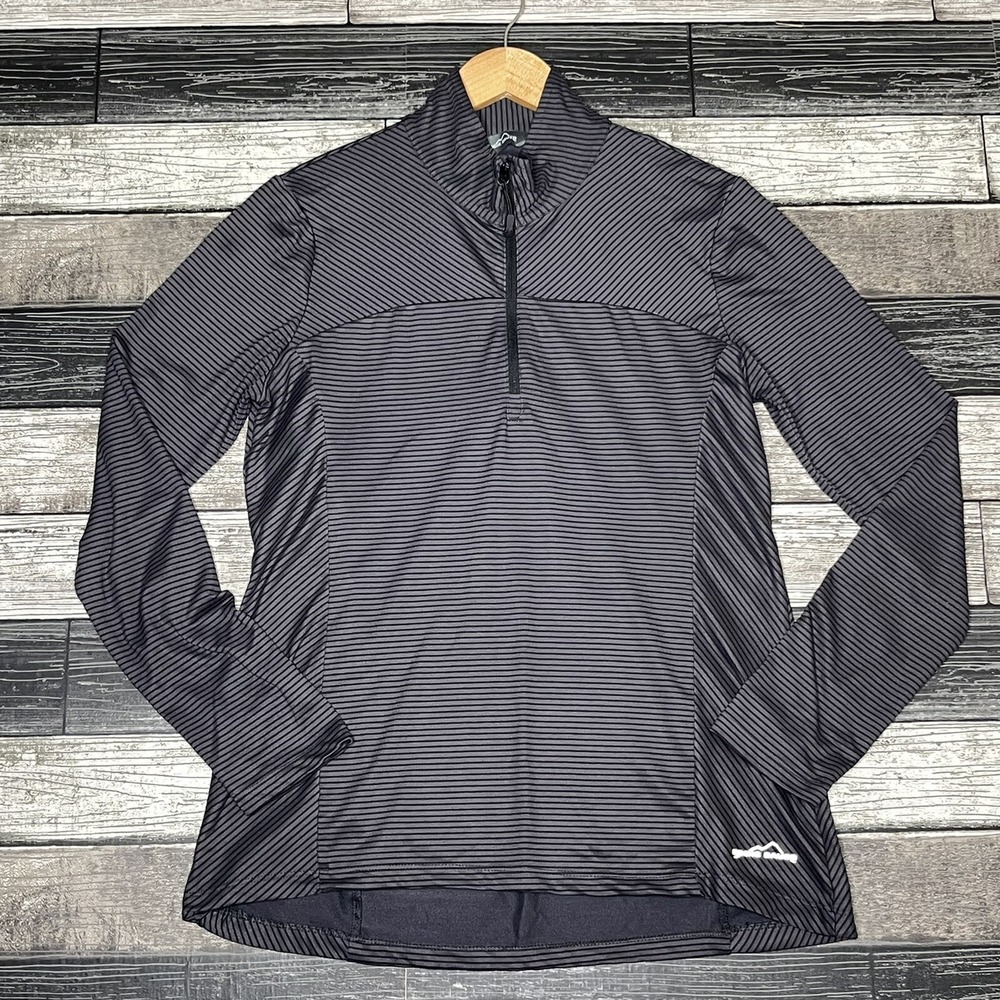 Eddie Bauer Womens Pullover Shirt‎ Size Medium Striped Black Gray 1/4 Zip Top